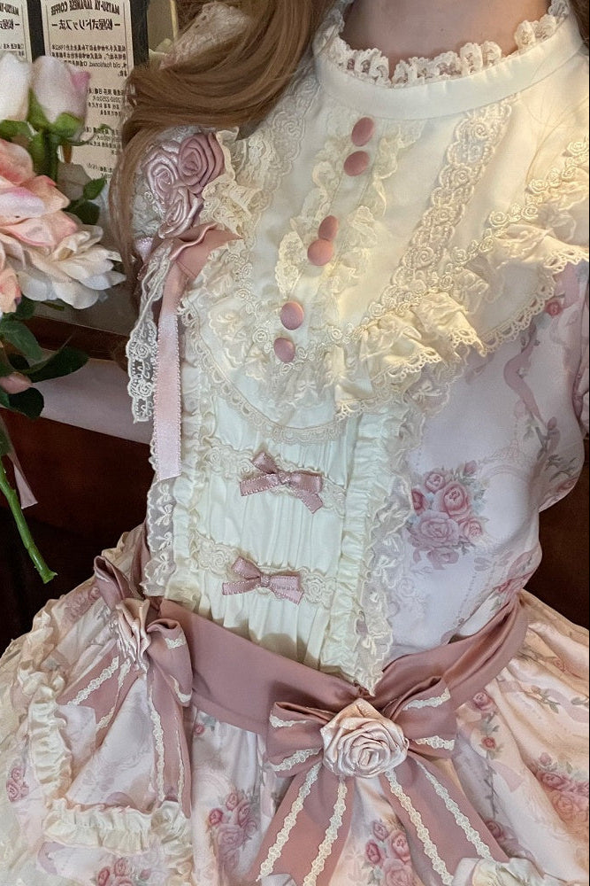 [Reservierungsschluss 7. September] Pink-blaues süßes Lolita-Stufenkleid mit romantischem Rosenprint
