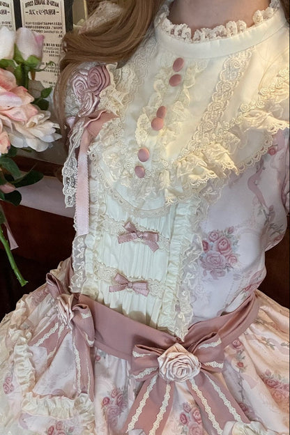 [Reservierungsschluss 7. September] Pink-blaues süßes Lolita-Stufenkleid mit romantischem Rosenprint
