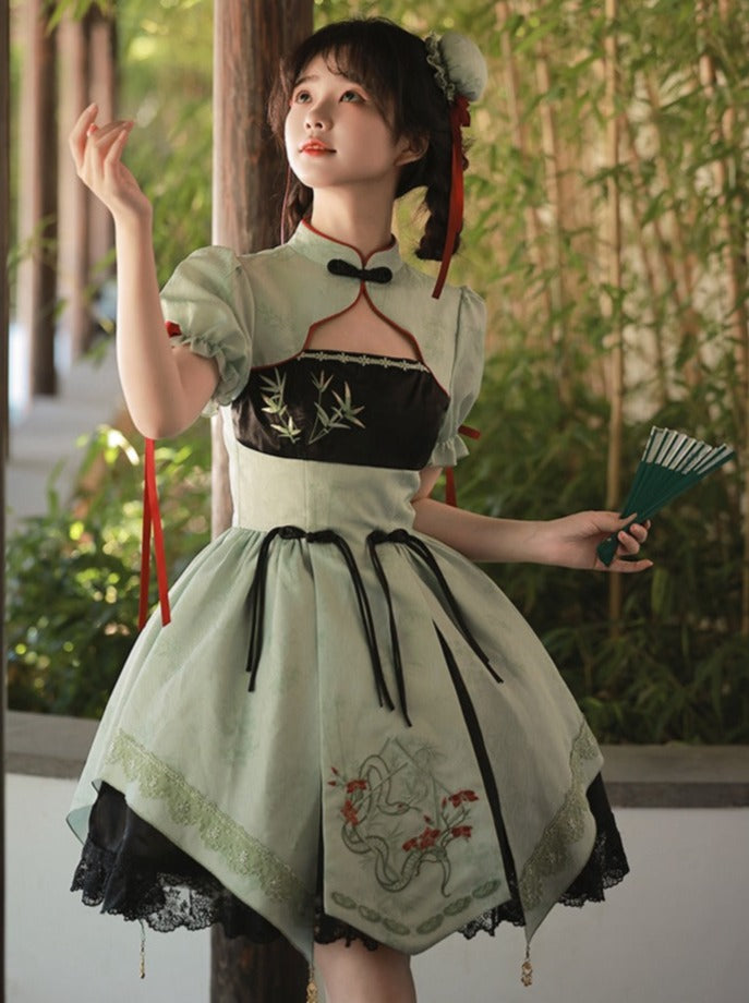 China Print Short Dress + Apron + Big Bow