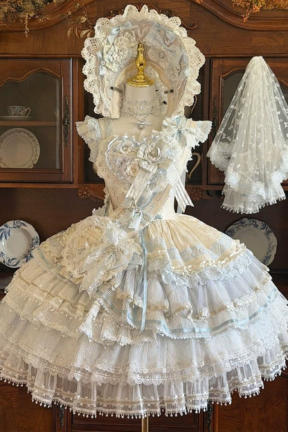 [Reservierungsschluss 1. August] Blau-weißes Sweet-Lolita-Stufenkleid-Set mit Blumenmuster