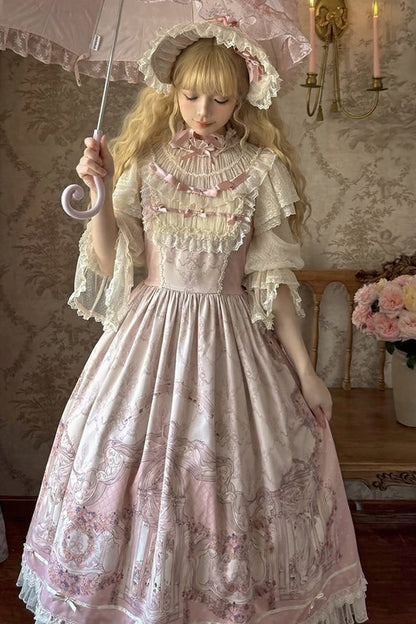[Pre-order Deadline: April 26] Rococo Elegant Lace Pink Classic Lolita Dress + Apron + Bonnet