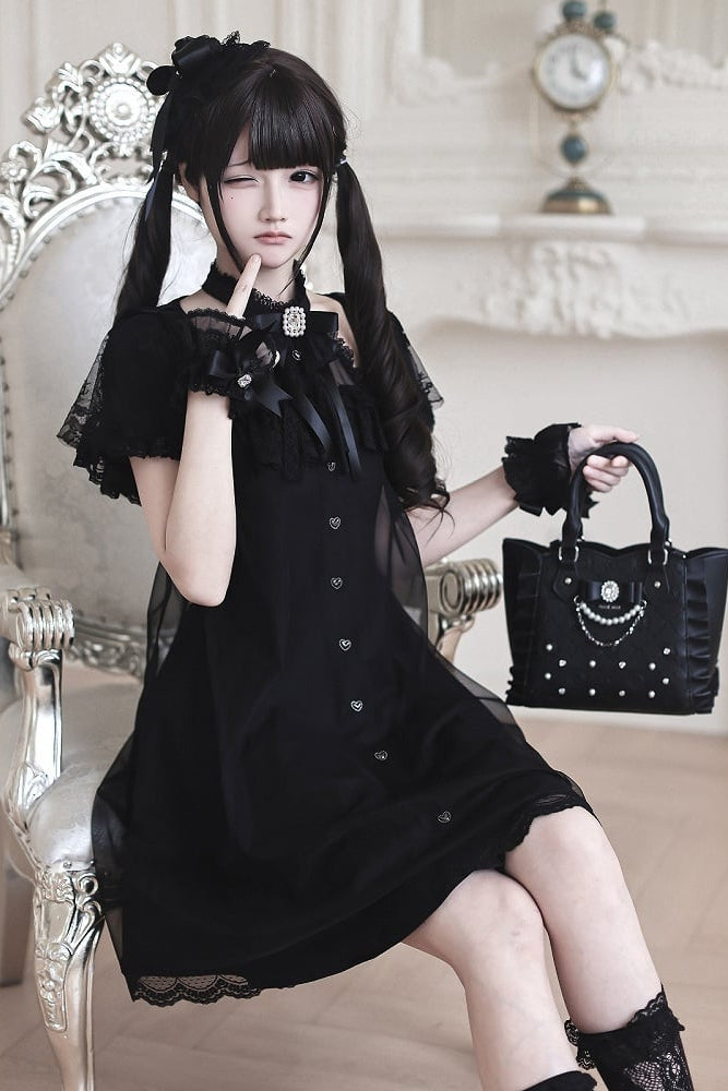 [Reservierungsschluss am 15. Juli] Schwarzes Gothic-Tüllkleid im Lagenlook mit Schmuckschleife + Rosenkreuz-Haarspange + Handgelenkmanschetten