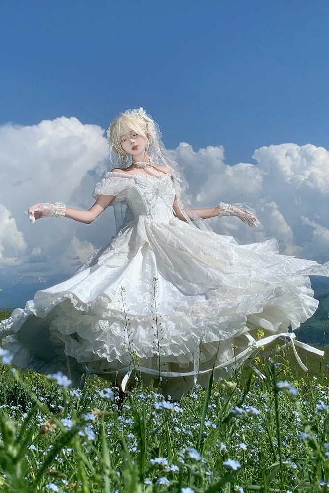 【10月28日予約締切】White Butterfly Gothic Lolita Puff Sleeve Dress Top + Layered Ruffle Asymmetrical Hem Skirt Set (With Chest Brooch + Waist Brooch)