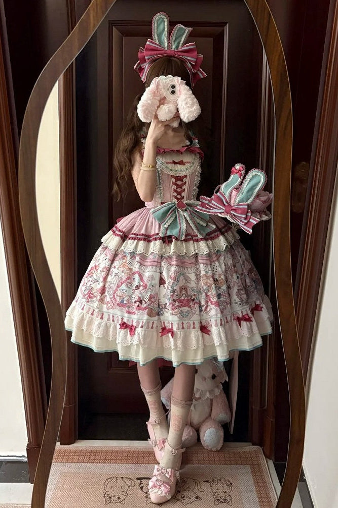 [Date limite de précommande : 1er juillet] Robe JSK sweet lolita rose x verte Alice Chat à nœud (avec surjupe en tulle à pois)