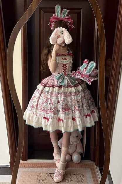 [Date limite de précommande : 1er juillet] Robe JSK sweet lolita rose x verte Alice Chat à nœud (avec surjupe en tulle à pois)