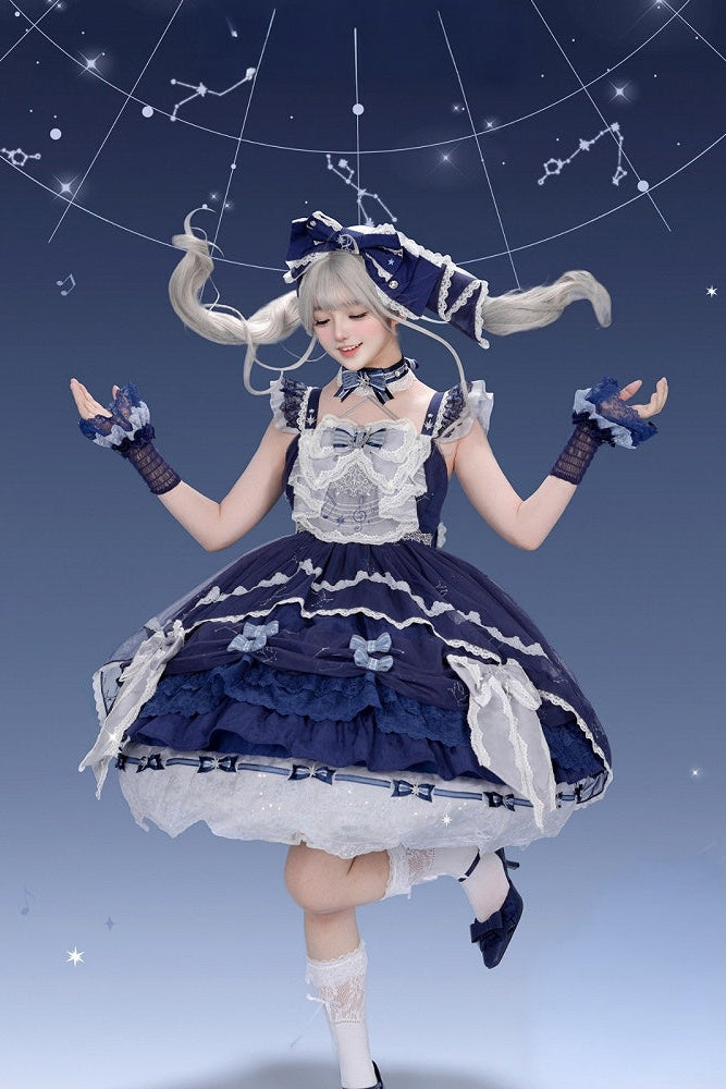 [Clôture des précommandes le 923] Robe JSK classique lolita bleu clair/bleu foncé à broderies d’étoiles célestes, rubans et jupe à volants asymétrique