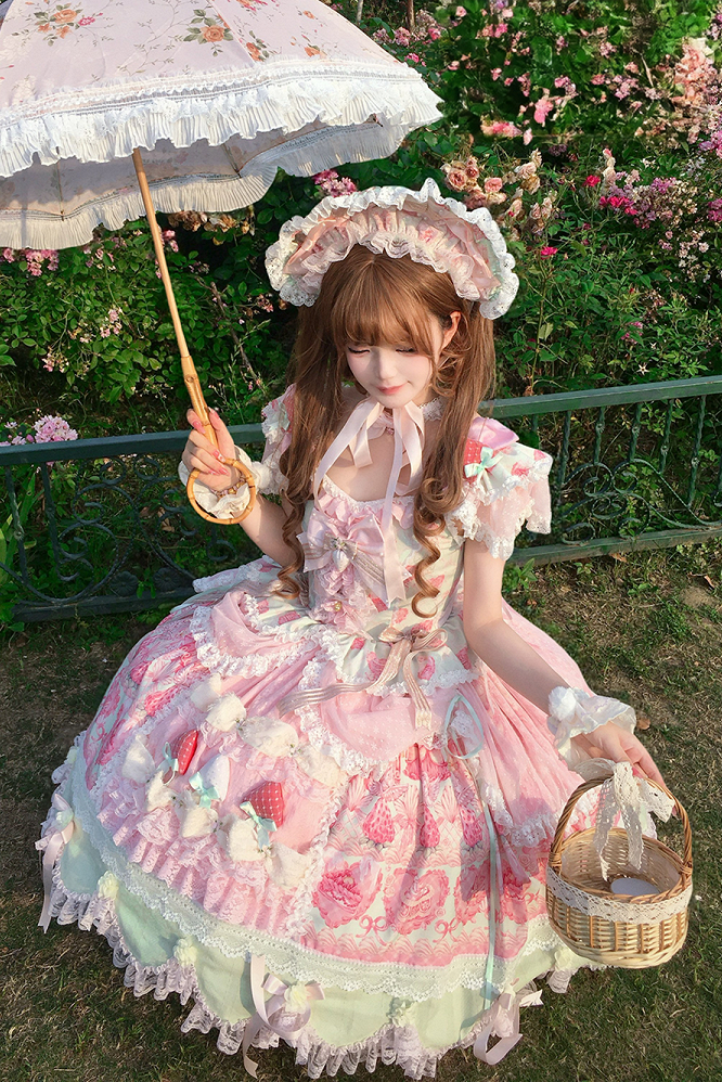 [Reservierungsschluss 26. Juni] Erdbeer-Sweet-Lolita-JKS-Kleid mit Spitze, Flatterärmeln, hochgezogenem Design und Tülllagen