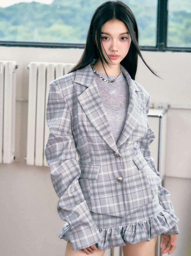 Diamond Check Waist Blazer + Short Skirt + Long Skirt