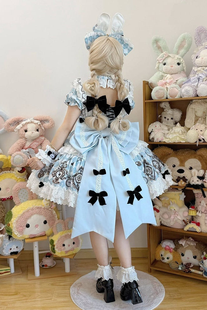 [Reservierungsschluss 30. Juni] Blaue x weiße Alice-im-Wunderland Sweet-Lolita-Accessoires-Serie (Hasenohren-Hut, Hasenohren-Haarreif, Halsband, Taschenuhr-Brosche, rückseitige Schleppen-Schleife, Handgelenkstulpen)