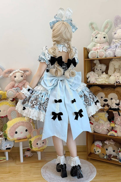 [Reservierungsschluss 30. Juni] Blaue x weiße Alice-im-Wunderland Sweet-Lolita-Accessoires-Serie (Hasenohren-Hut, Hasenohren-Haarreif, Halsband, Taschenuhr-Brosche, rückseitige Schleppen-Schleife, Handgelenkstulpen)