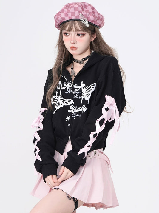 Butterfly Side Lace-Up Hooded Zip-Up Hoodie
