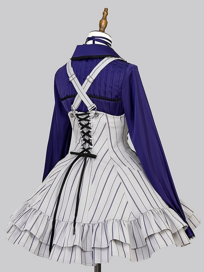 【12月29日予約締切】ゴシックロリータストライプバッククロスフリルサスドレス