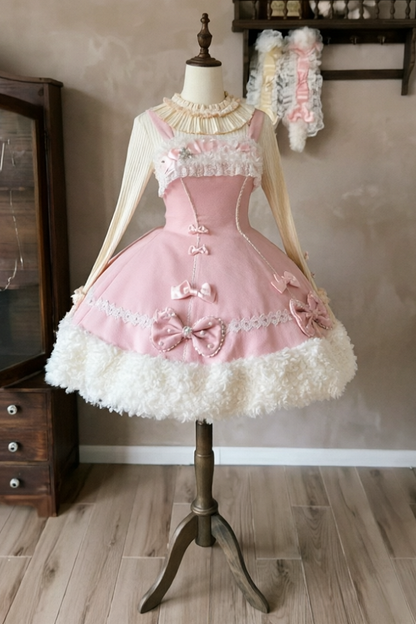 【11月7日予約締切】Yellow/Pink Sweet Lolita Lace Ribbon Fluffy Hem JSK Dress + Ruffle Neck Ribbed Bell Sleeve Top