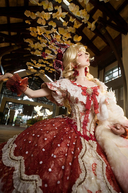 【9月10日予約締切】Red/Platinum Gold Rococo Fantasy Puff Sleeve Ribbon Tiered Princess Lolita Dress Bridal＋Full set[Op Dress + Feather Hat + Choker + Back Ribbon Train + Lace Gloves]