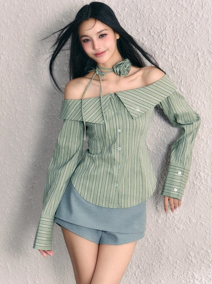 Striped neck flower design off-the-shoulder shirt