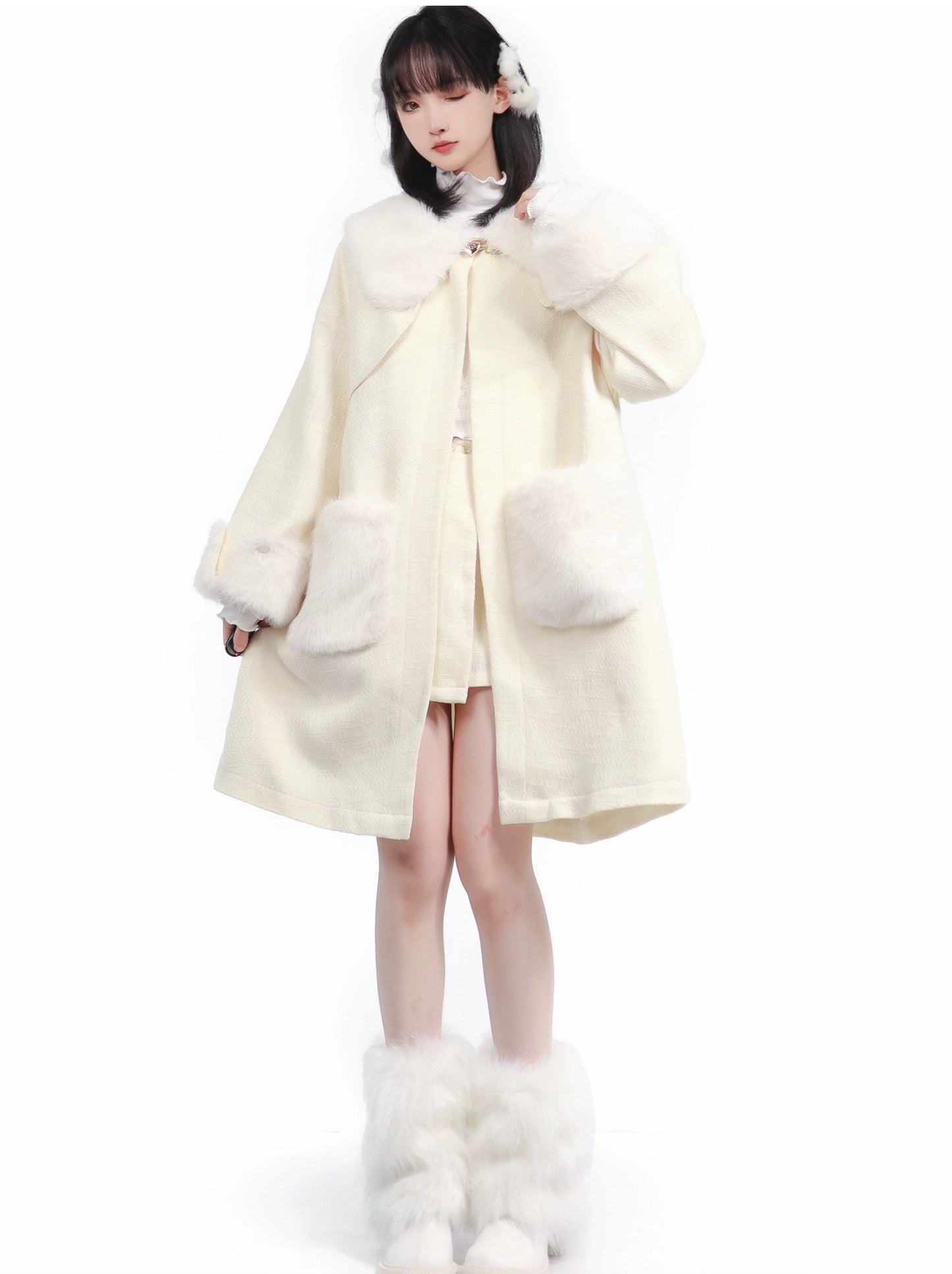 Pure White Snow Fur Jacket Top Skirt Leg Warmer Set