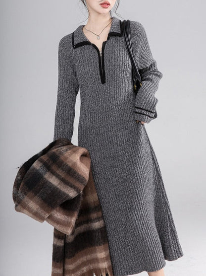 Luxembourg Mix Pattern Grey Wool Knit Dress