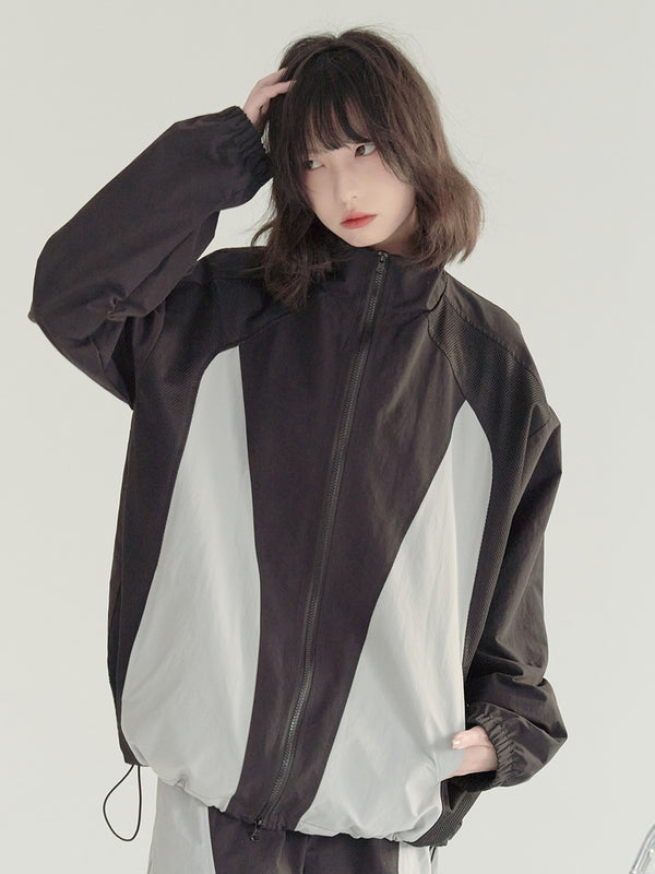 Stitching Contrast Color Stands Color Loose Sport Jacket