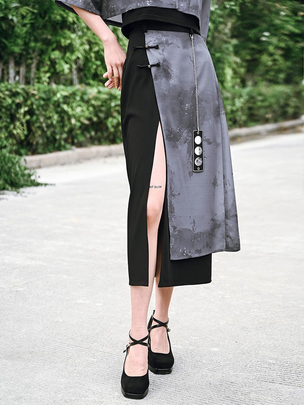 チャイナテイストムーンラビットプリントシフォンジャケット&スカートセットアップ