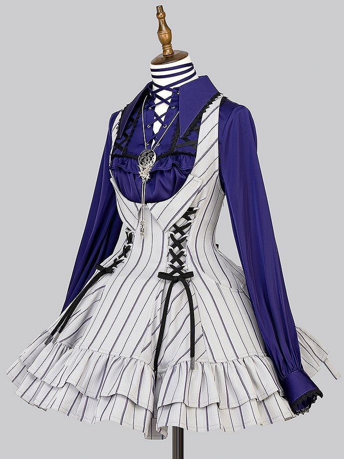 【12月29日予約締切】ゴシックロリータストライプバッククロスフリルサスドレス