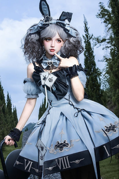 [Reservierungsschluss 10. Juli] Blau-schwarzes Alice-Gothic-Lolita-Komplettset mit Hasenohren-Haarreif und Kleid