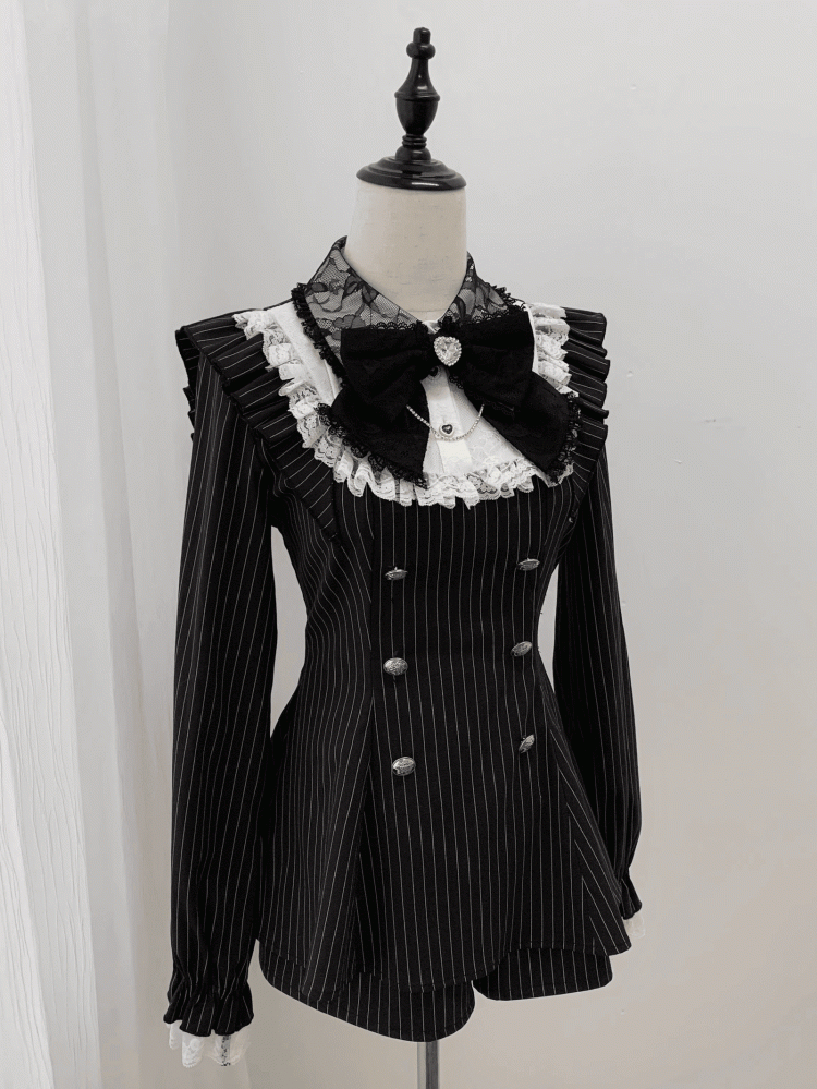 【12月15日予約締切】ダークゴシックレースダブルブレストストライプスーツセット＋ヘアアクセサリー