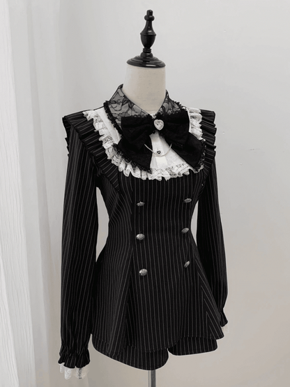 【12月15日予約締切】ダークゴシックレースダブルブレストストライプスーツセット＋ヘアアクセサリー