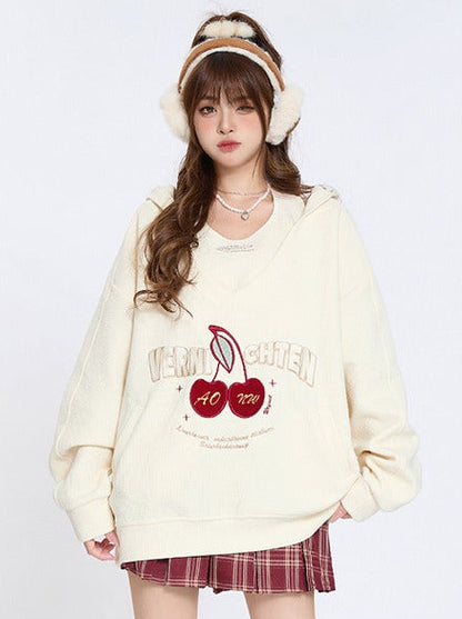 Retro Cherry Embroidery Leaf Hooded Sweatshirt Loose Two Piece