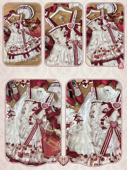 【11月4日予約締切】Strawberry Print Sweet Lolita Lace Bow JSK Dress + Puff Sleeve Lace Bow Doll Dress with Bone Embroidery Apron