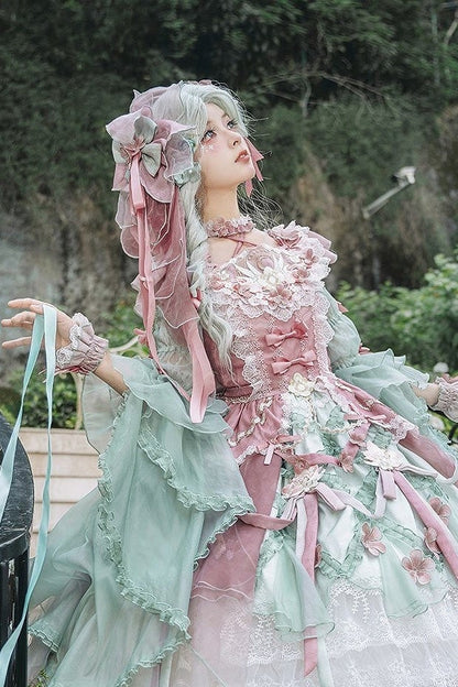 [Scadenza prenotazione 28 giugno] Accessori della serie sweet lolita floreale rosa x verde/rosso/viola/verde (choker, copricapo con velo floreale, fermagli per capelli, polsini da polso)