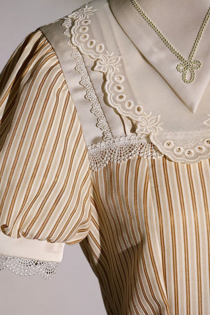 [Reservation Deadline: November 6] Beige Striped Short-Sleeve Lolita Shirt with Beautiful Embroidery and a Layered Lace Collar + Pair of Detachable Long Sleeves + Long-Sleeve Shirt (with Detachable Embroidered Collar)