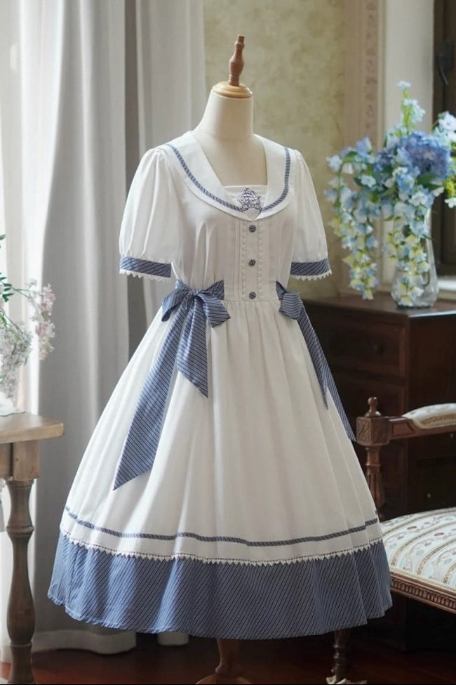 [Reservierungsschluss 28. Juni] 5 Farben/Sailor-Lolita-Streifenkleid mit Schleife und Puffärmeln