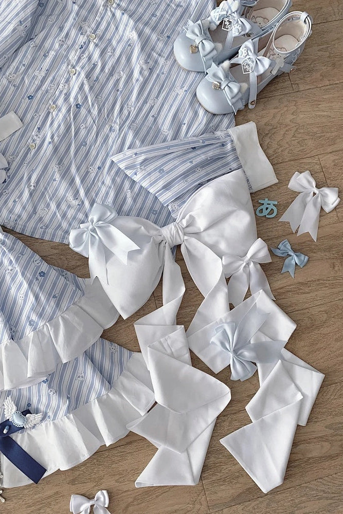 【11月5日予約締切】Blue White Striped Medical Lolita Nurse Sickly Kawaii Dress Suit Full Set (Shirt + Skirt + Apron + Back Ribbon + Leg Covers)