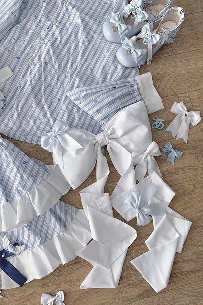 【11月5日予約締切】Blue White Striped Medical Lolita Nurse Sickly Kawaii Dress Suit Full Set (Shirt + Skirt + Apron + Back Ribbon + Leg Covers)