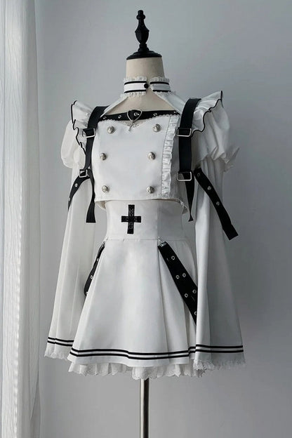 [Pre-order Deadline: November 15] White and Black Gothic Choker-Neck Bell-Sleeve Frilled Crop Top with Buckle Strap + Medical Cross Strap Skirt