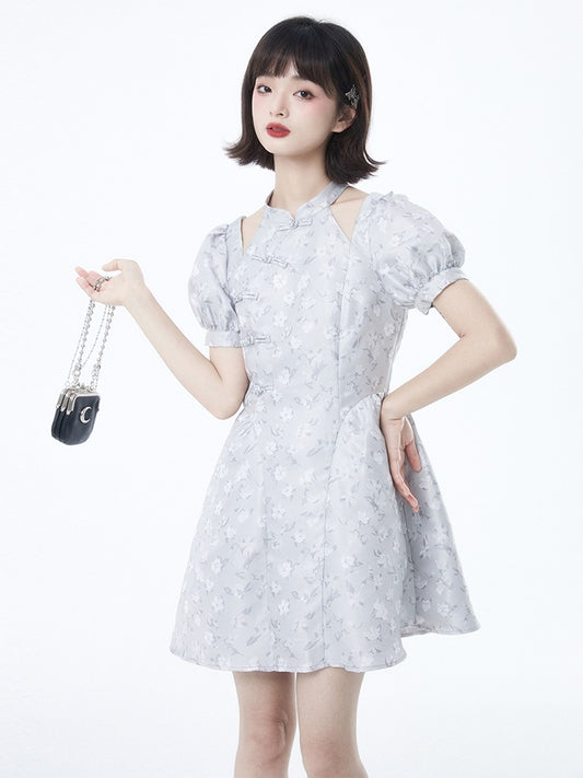 China Retro Open Shoulder Flower Jaccard Buckle Dress