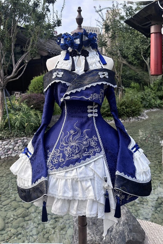 【10月9日予約締切】Dark Blue And White Gothic Nine-Tailed Fox Embroidered Chinese Lolita Dress + Bell Sleeve Off-Shoulder Jacket Set