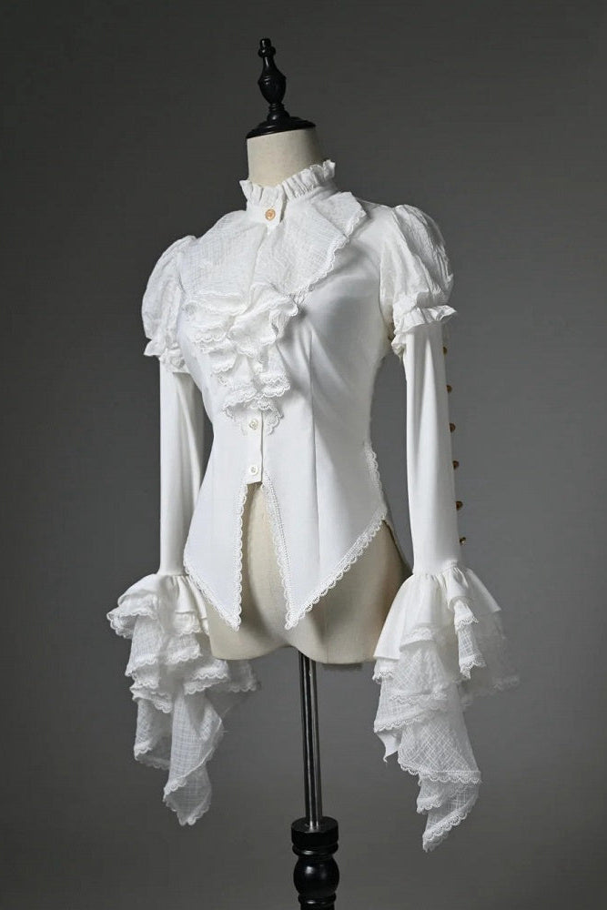 [Pre-order Deadline: July 25] Black/White Gothic Lolita Elegant Ruffle High-Neck Bell-Sleeve Lace Ruffle Shirt