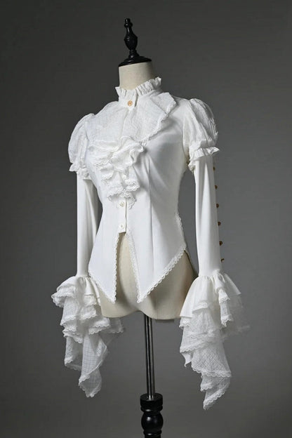[Pre-order Deadline: July 25] Black/White Gothic Lolita Elegant Ruffle High-Neck Bell-Sleeve Lace Ruffle Shirt