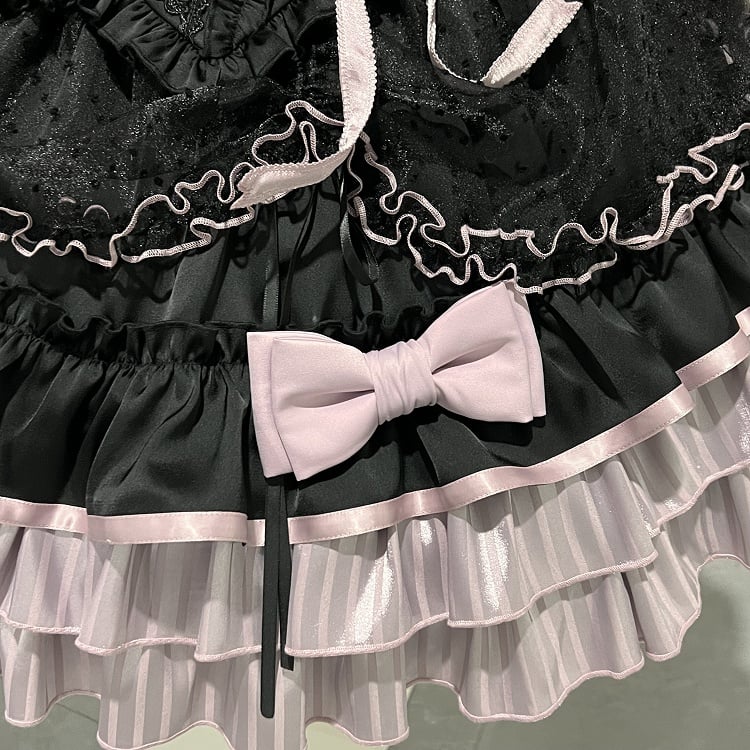 【5月12日予約締切】ブラックパープルロリータアイドルリボンパフスリーブシャツ＋コルセットチュールプルアップJKSドレスセットアップ