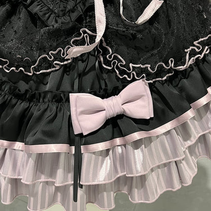 【5月12日予約締切】ブラックパープルロリータアイドルリボンパフスリーブシャツ＋コルセットチュールプルアップJKSドレスセットアップ