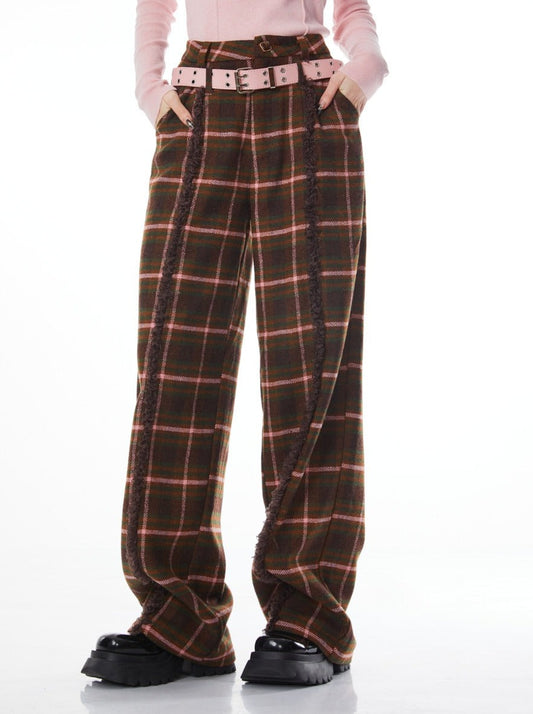 American Retro Design Brown Tassel Check Straight Wool Pants