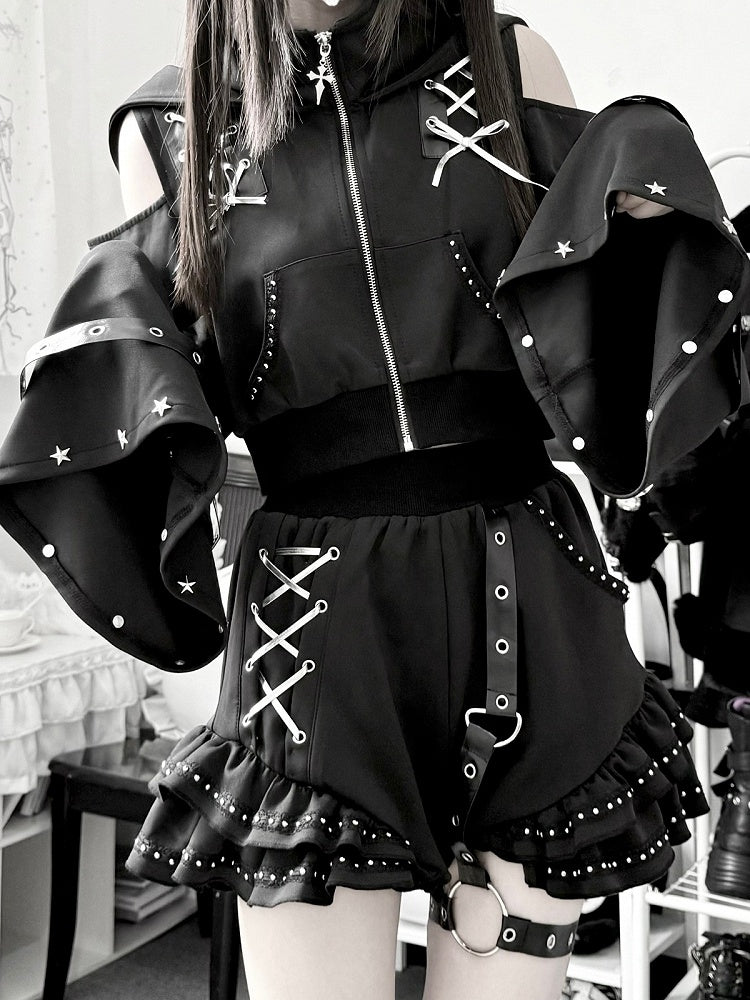 [Vorbestellungsartikel] Glänzende und mattschwarze Gothic-Cyber-Katzenohren-Kapuzenjacke mit freien Schultern und Reißverschluss+kurze Hose mit Beinringen im Set