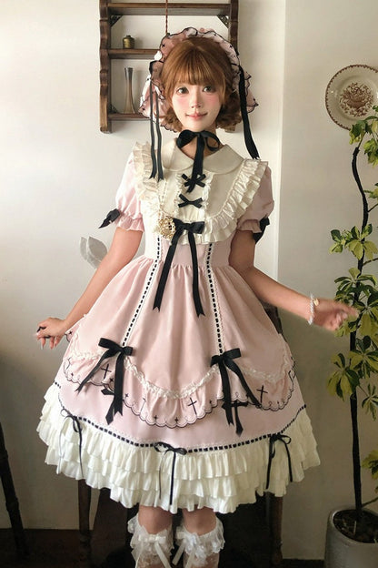 【10月4日予約締切】Pink Gothic-Inspired Sweet Lolita Ribbon Ruffle Dress＋Cross Embroidery Ribbon Cape