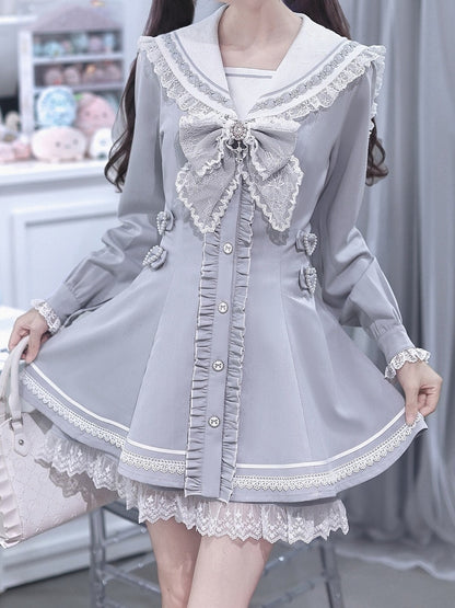 [Pre-order Deadline: September 29] Blue Sailor Collar Frill Lace Trim Dress + Shorts + Cross Charm Jewel Bow Tie Set