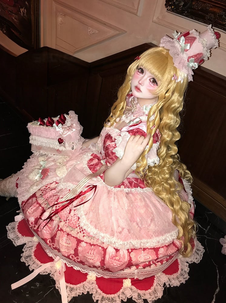 [Reservierungsschluss 26. Juni] Erdbeer-Sweet-Lolita-JKS-Kleid mit Spitze, Flatterärmeln, hochgezogenem Design und Tülllagen