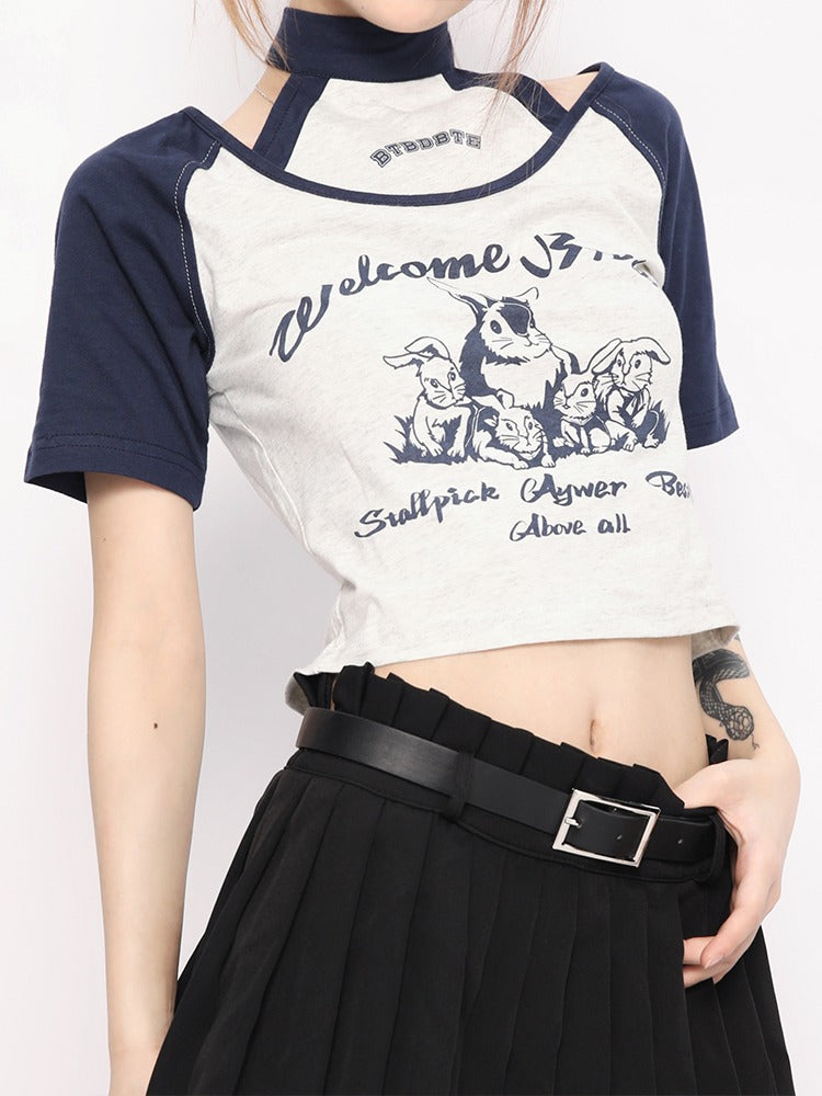 American Retro Navy Blue Halt neck T -shirt + Black Pleated Skirt with Belt