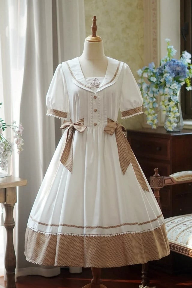 [Reservierungsschluss 28. Juni] 5 Farben/Sailor-Lolita-Streifenkleid mit Schleife und Puffärmeln