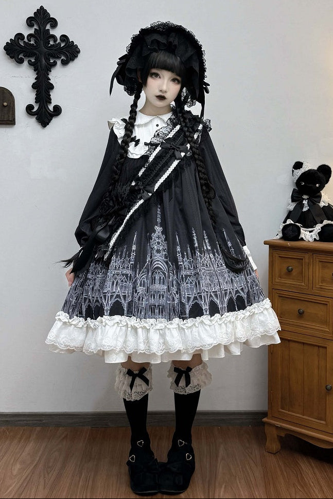 【10月13日予約締切】Gothic Lolita Black White Cathedral Series Accessories(Flat Hat, Crown Mini Hat, Sash, Back Ribbon Train, Waist Apron, Castle Flower Brooch, Brooch, Jabot)