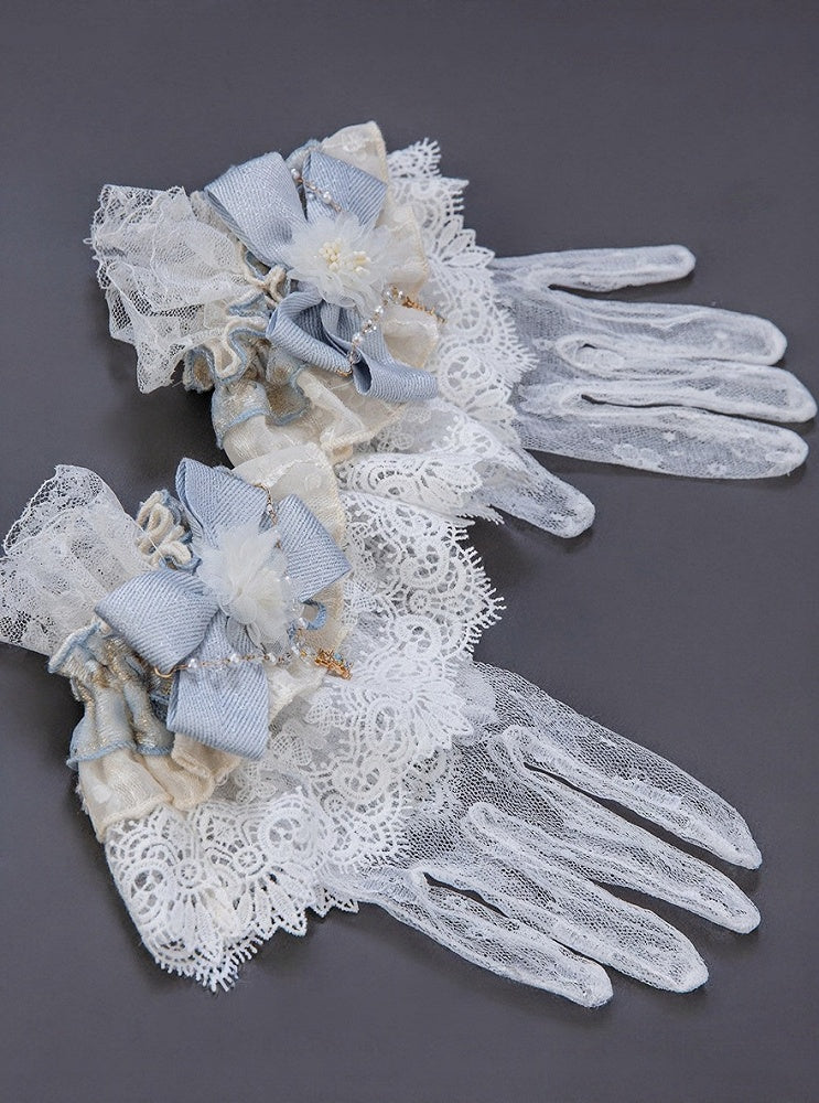 【9月10日予約締切】Pink/Blue Rococo Fantasy Puff Sleeve Ribbon Tiered Princess Lolita Dress Bridal＋Full set[Op Dress + Feather Hat + Choker + Back Ribbon Train + Lace Gloves]